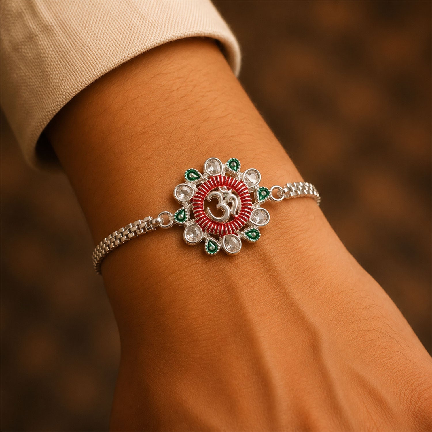 Om Rakhi Floral Design with Pink Green Accents for Raksha Bandhan (10pcs)