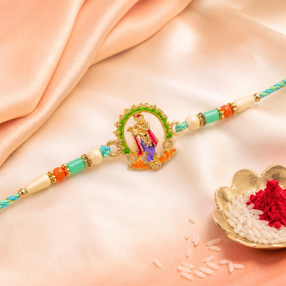 Lord Krishna Flute Arch Pendant Rakhi with Pastel Beads