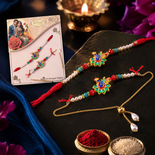 Bhaiya Bhabhi Peacock Meenakari Rakhi & Pearl Drop Lumba Combo