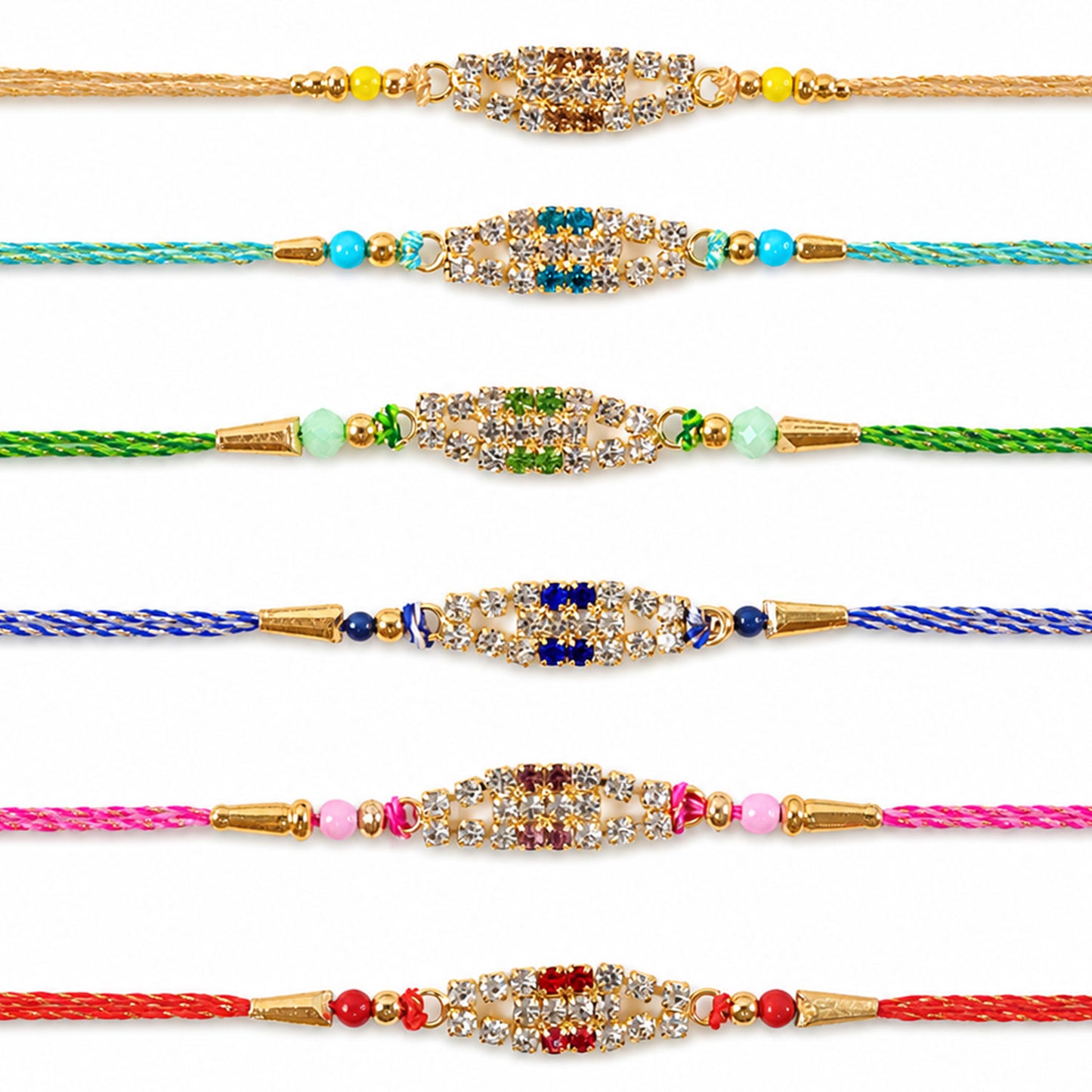 Long Oval Centre Motif Rakhi in Mix Colour Threads (Pack of 6)