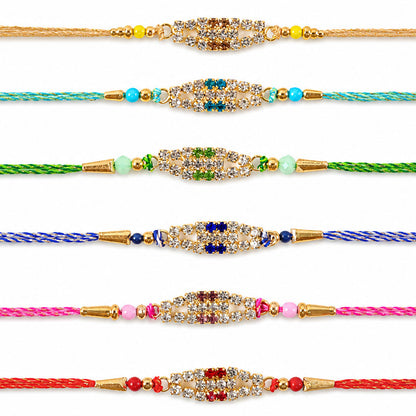 Long Oval Centre Motif Rakhi in Mix Colour Threads (Pack of 6)