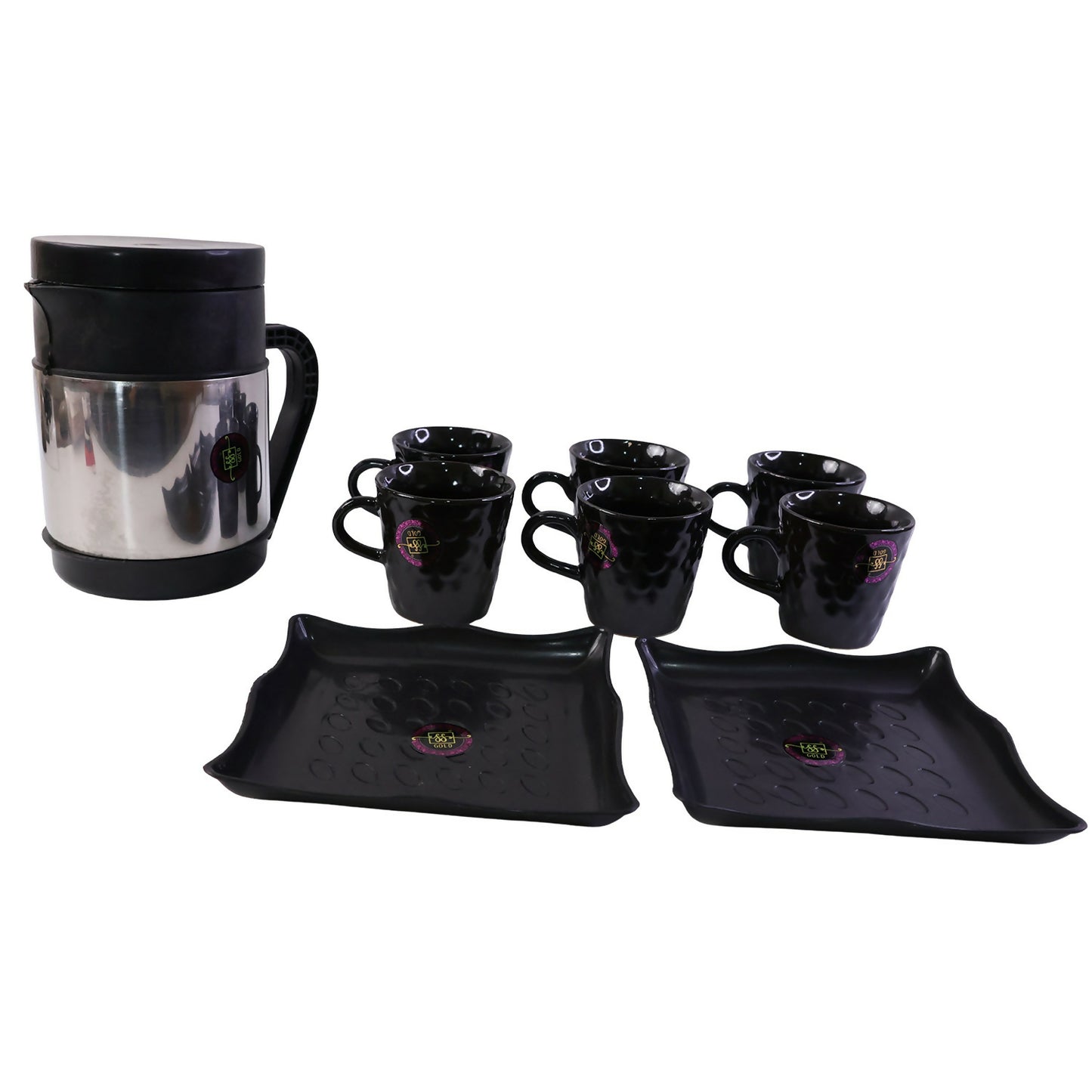 Premium Stainless Steel Tea & Coffee Serving Set with 6 Cups and Tray Set for Home & Office