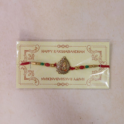 Antique Golden Ganesha Rakhi with Red & Green Beads and Crystals (10pcs)