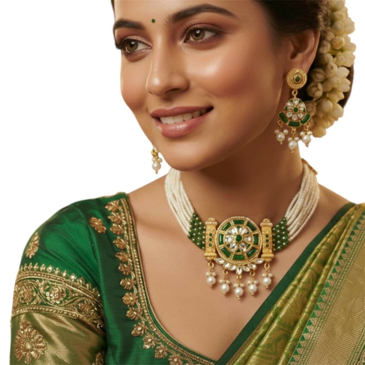 Bridal Green Kundan & Pearl Necklace with Earrings