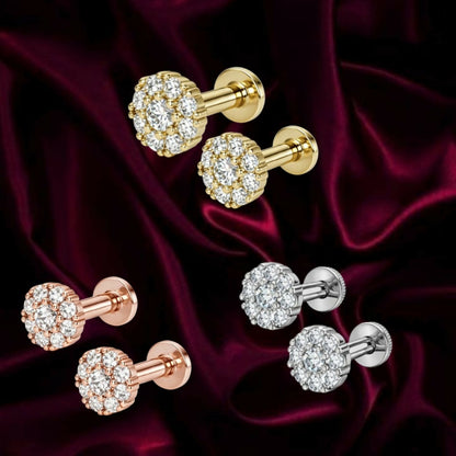 Flat back AD stud earrings combo pack featuring gold, rose gold, and silver floral designs