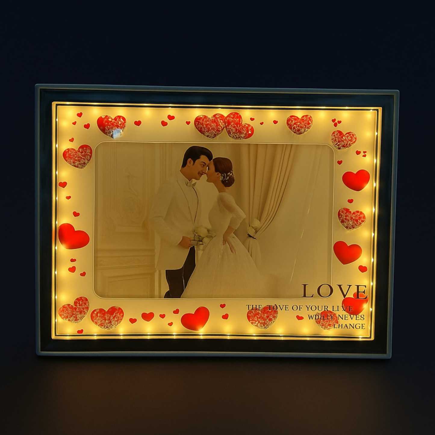 Romantic Heart-Themed LED Photo Frame for Couples | Warm Light Illuminated 5x7 Picture Frame with Red Heart Decorations | Anniversary, Wedding & Valentine Gift for Partner | Tabletop Decorative Night Lamp – USB Powered