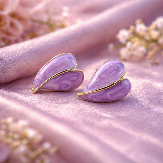 Elegant Purple Glossy Leaf Design Stud Earrings for Women with Gold Outline