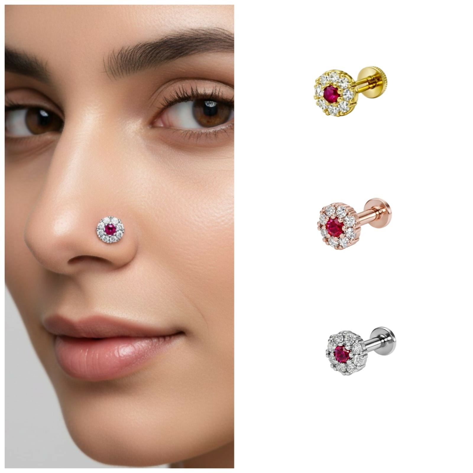 Close-up of rosegold plated ruby floral nosepin stud with shimmering stone halo