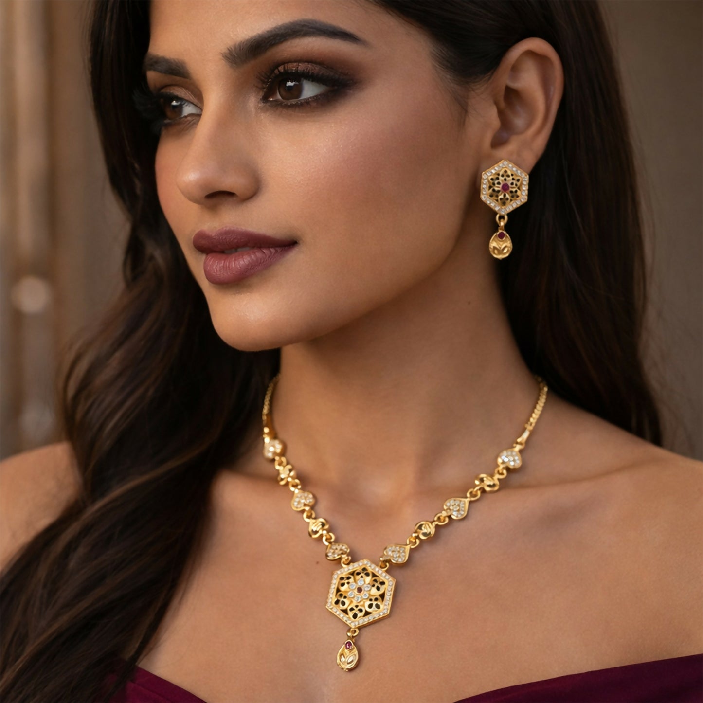 Gold-tone hexagon pendant necklace with heart link chain and matching earrings for elegant occasions