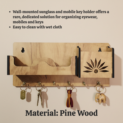 Wooden Wall Mounted Key Holder with Shelf for Mobile, Glasses and Keys