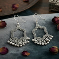 Oxidized Silver Floral Silhouette Drop Earrings with Intricate Border & Hanging Beads