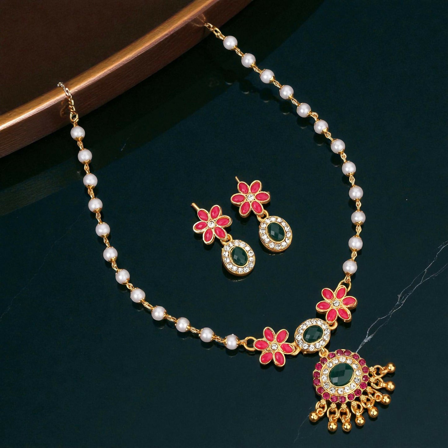 Traditional Gold-Tone Blue Enamel Butterfly Necklace with Pearl Drops