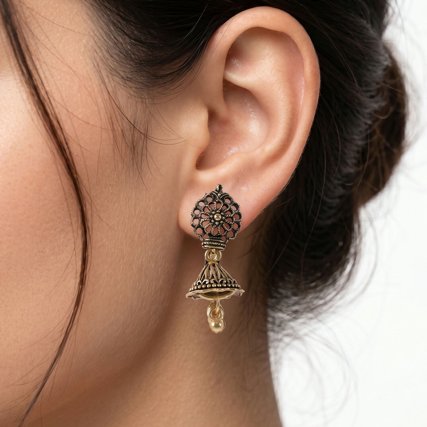 Close-up of Oxidised Floral Jhumka Earrings Combo
