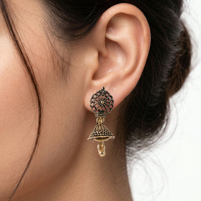 Close-up of Oxidised Floral Jhumka Earrings Combo