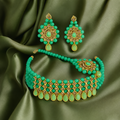 Vibrant Mint Green Beaded Choker Jewelry Set with Elegant Drop Earrings & Tikka