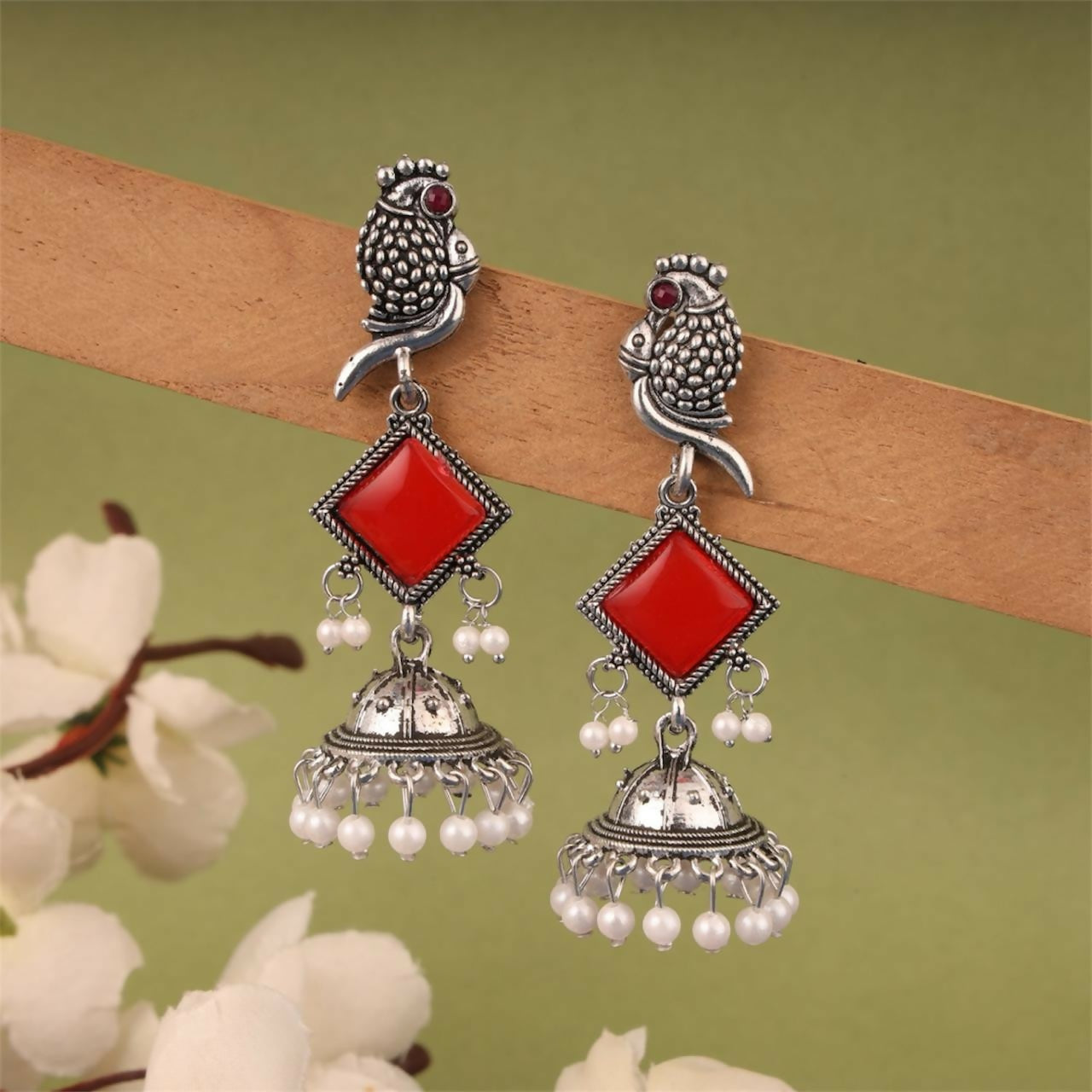 Oxidised Silver Red Stone Parrot Design Jhumka Earrings for Women & Girls