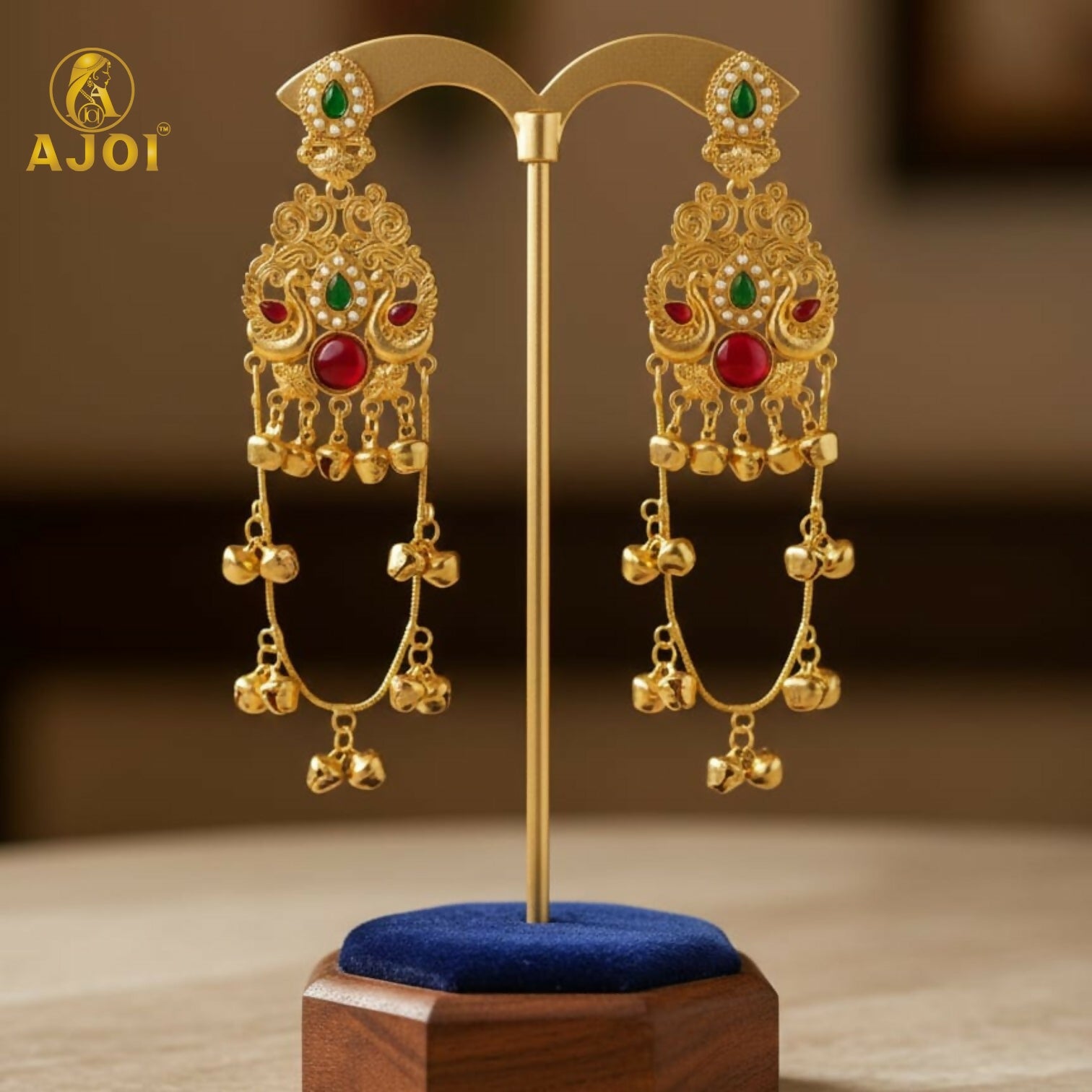 Green & Ruby Stone Kashmiri Traditional Gold-Plated Ghungroo Earrings For Women And Girls.