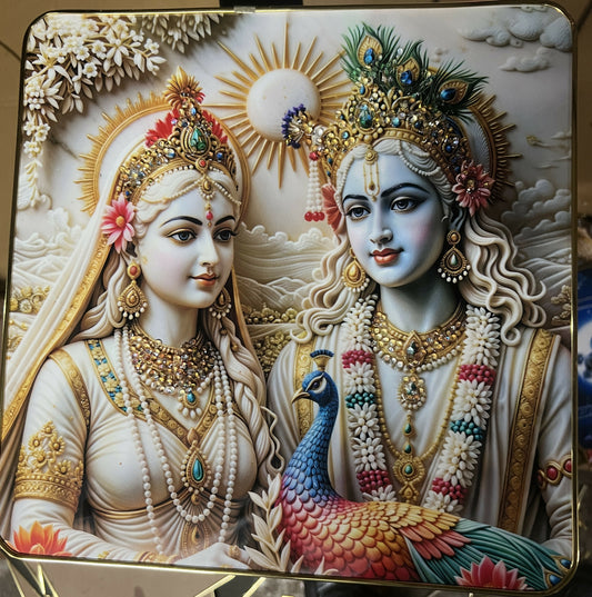 Premium 12x12 inch 3D Radha Krishna crystal wall art with glossy gold frame