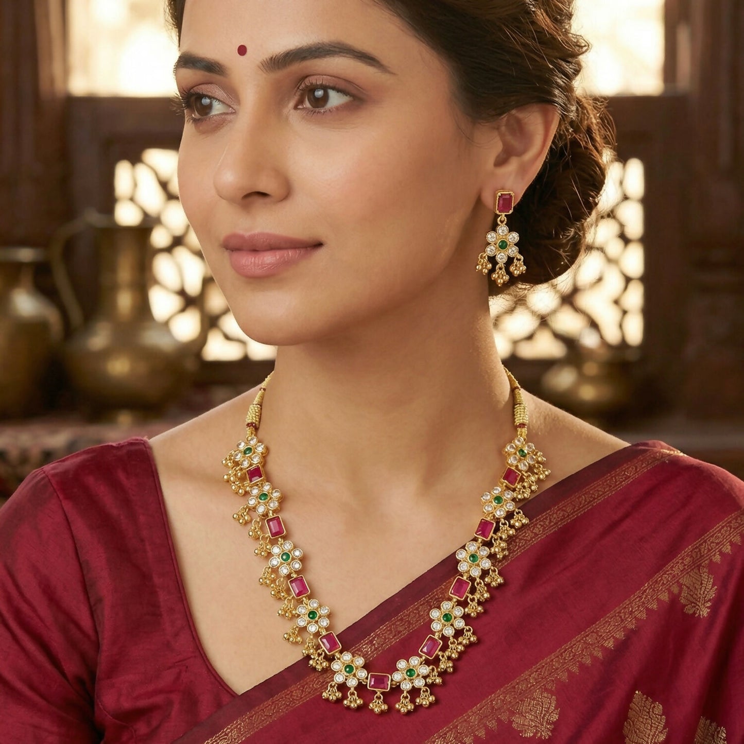 Gold necklace pendant with dangling bead detail