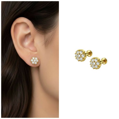 Elegant gold plated cluster stud earrings showcasing seven sparkling stones