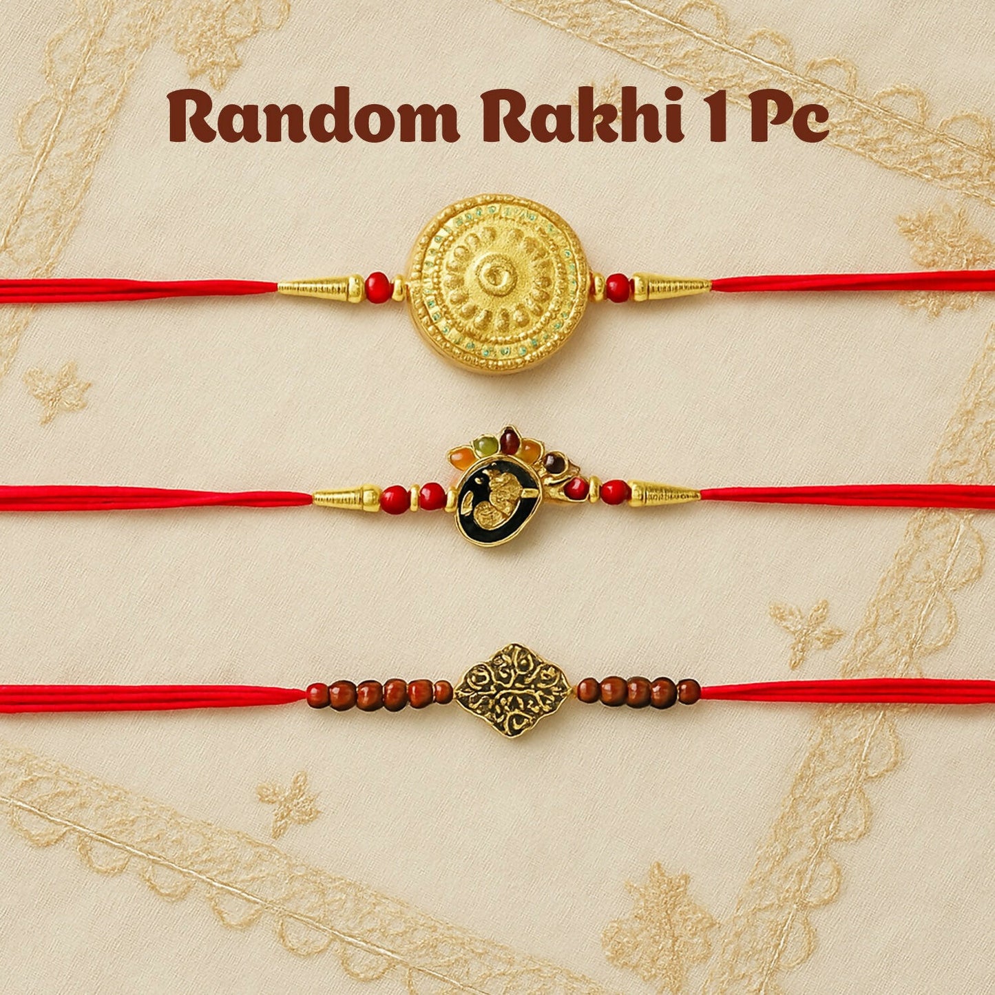 Gold accent rakhi set featuring 3 unique random rakhis for Raksha Bandhan celebration