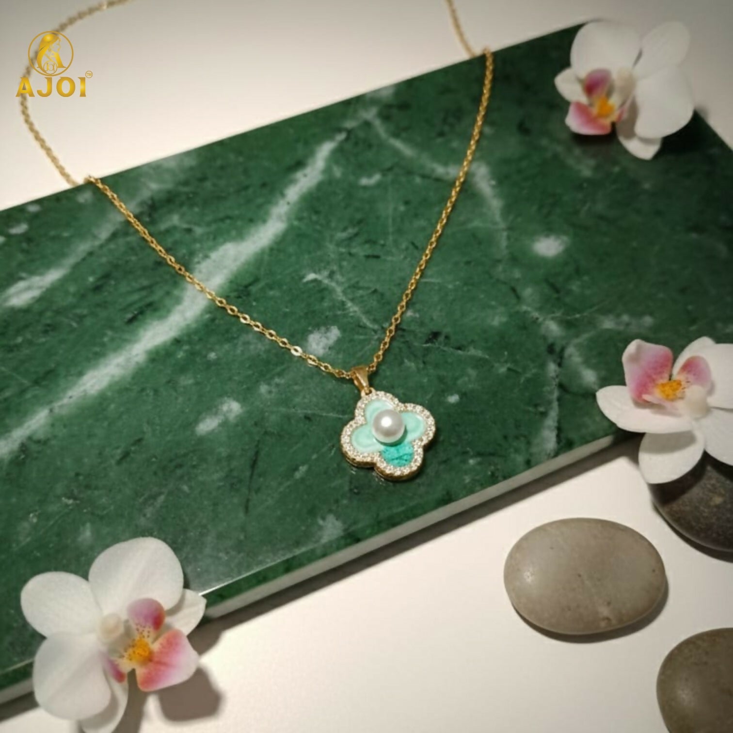 Elegant Gold Plated Floral Pendant Necklace with Pearl & Mint Enamel for Women