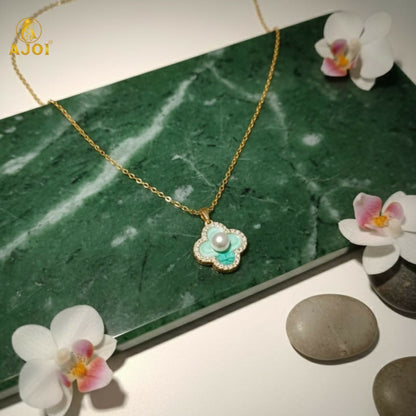 Elegant Gold Plated Floral Pendant Necklace with Pearl & Mint Enamel for Women
