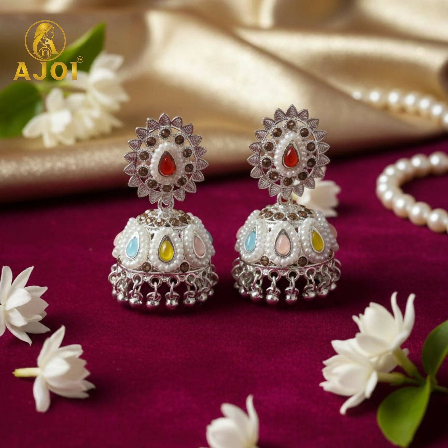 Royal Silver-Tone Kundan Jhumka Earrings with Multicolor Stone Inlay & Pearl Drop Detailing