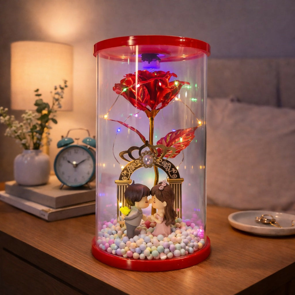 LED Rose Dome with Couple Figurine Romantic Decorative Showpiece