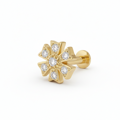 Individual gold plated flat back stud earring with six-petal floral motif and crystals