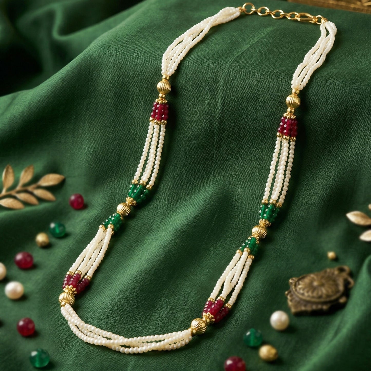 Traditional multi-layer pearl necklace styled over dark fabric