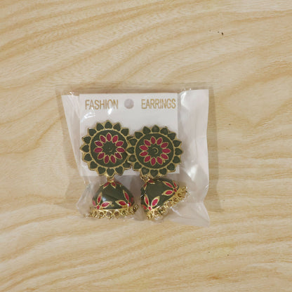 Pair of olive green and pink floral enamel jhumka earrings