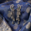 Silver Plated Oxidized Imitation Peacock Motif Multi Tier Jhumka Drop Earrings