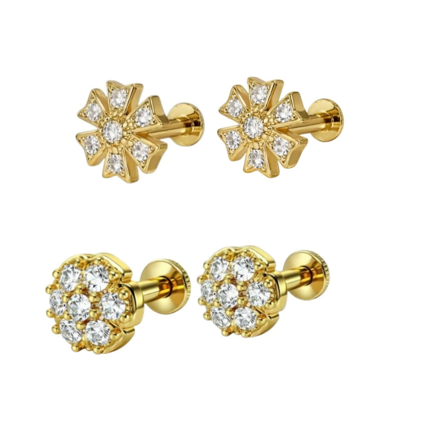 Back side showing screw-back closure of gold floral cluster stud earrings