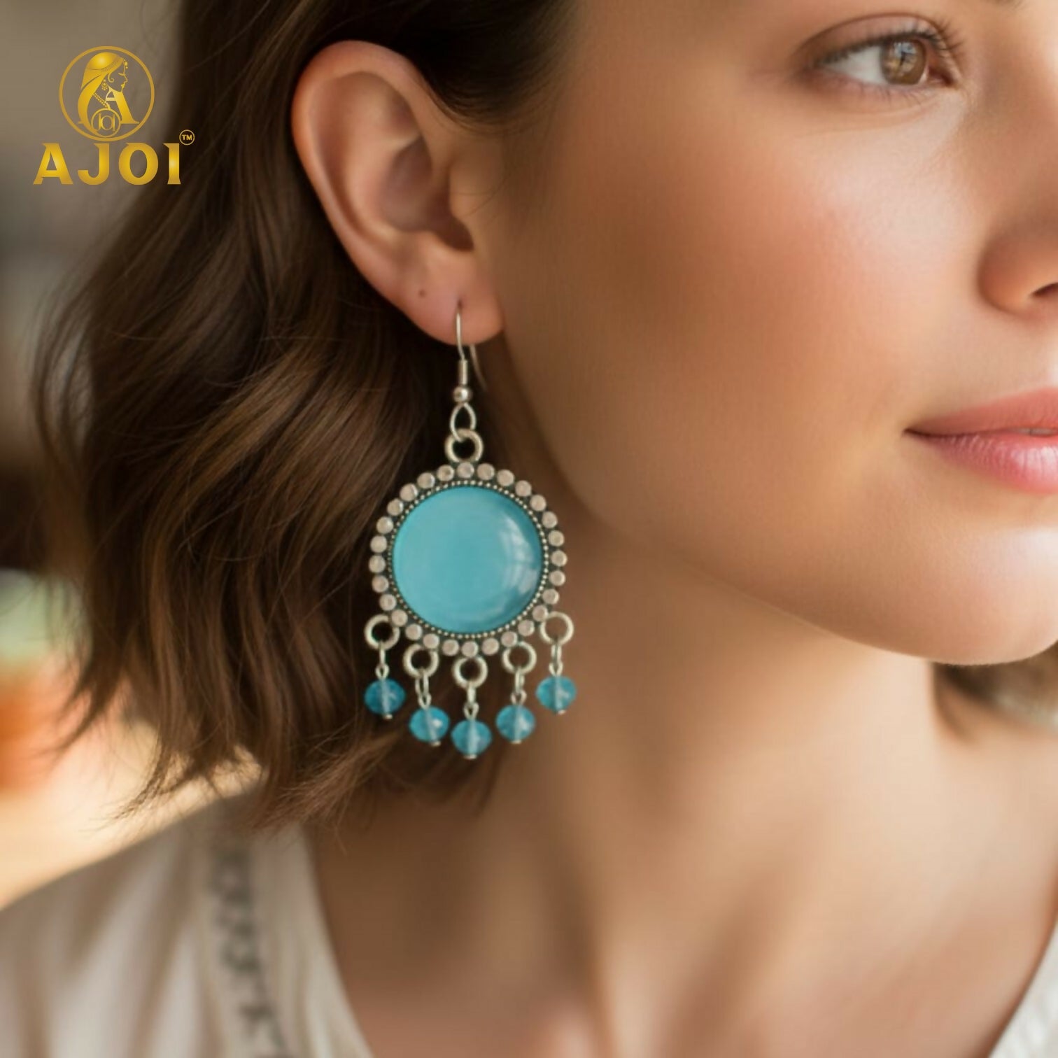 Oxidized Silver Multicolor Stone Drop Earrings with Beaded Fringe