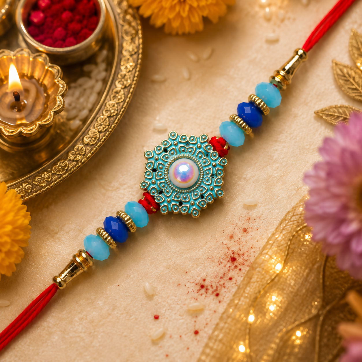 The beaded thread is displayed on a gold tray with a lit candle, red powder, and yellow flowers.