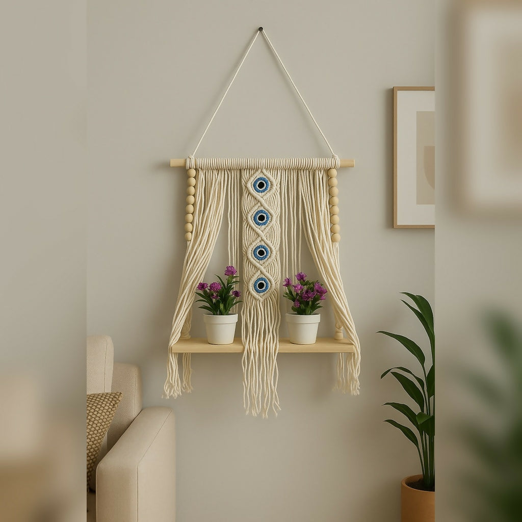 A macrame wall hanging shelf with evil eye design and wooden beads, holding two small purple potted plants.