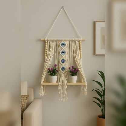 A macrame wall hanging shelf with evil eye design and wooden beads, holding two small purple potted plants.
