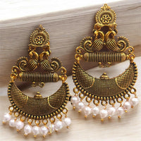 Antique Gold Tribal Chandbali Earrings with Pearl Drops & Peacock Motif