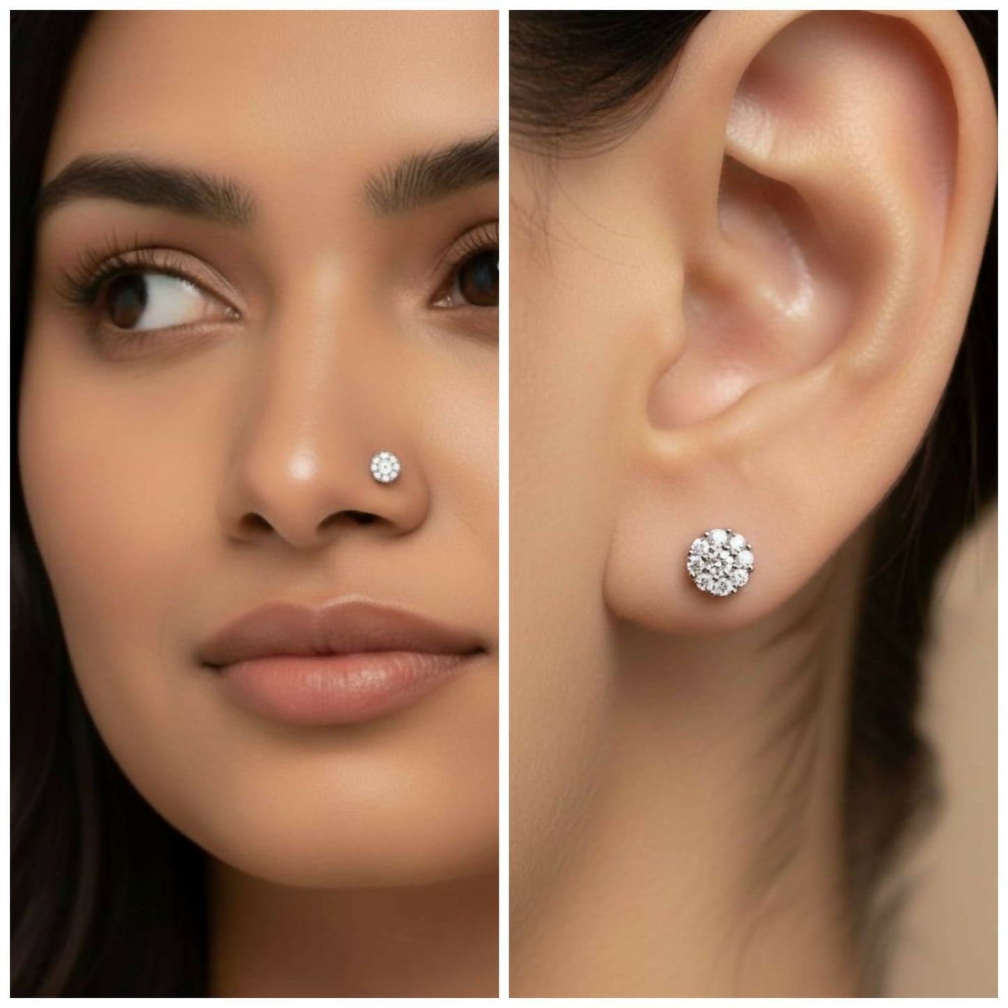 Multiple silver plated sparkling crystal floral cluster nose pins arranged together