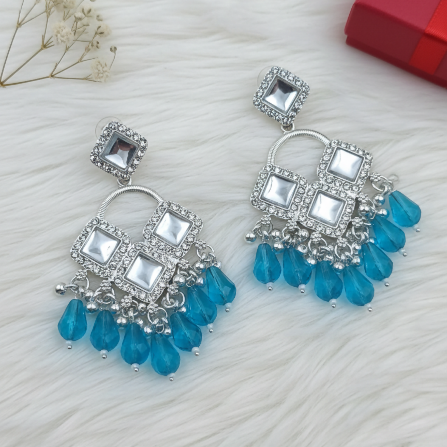 Elegant Silver Plated Chandelier Earrings Featuring Square Crystals and Aqua Blue Teardrop Beads