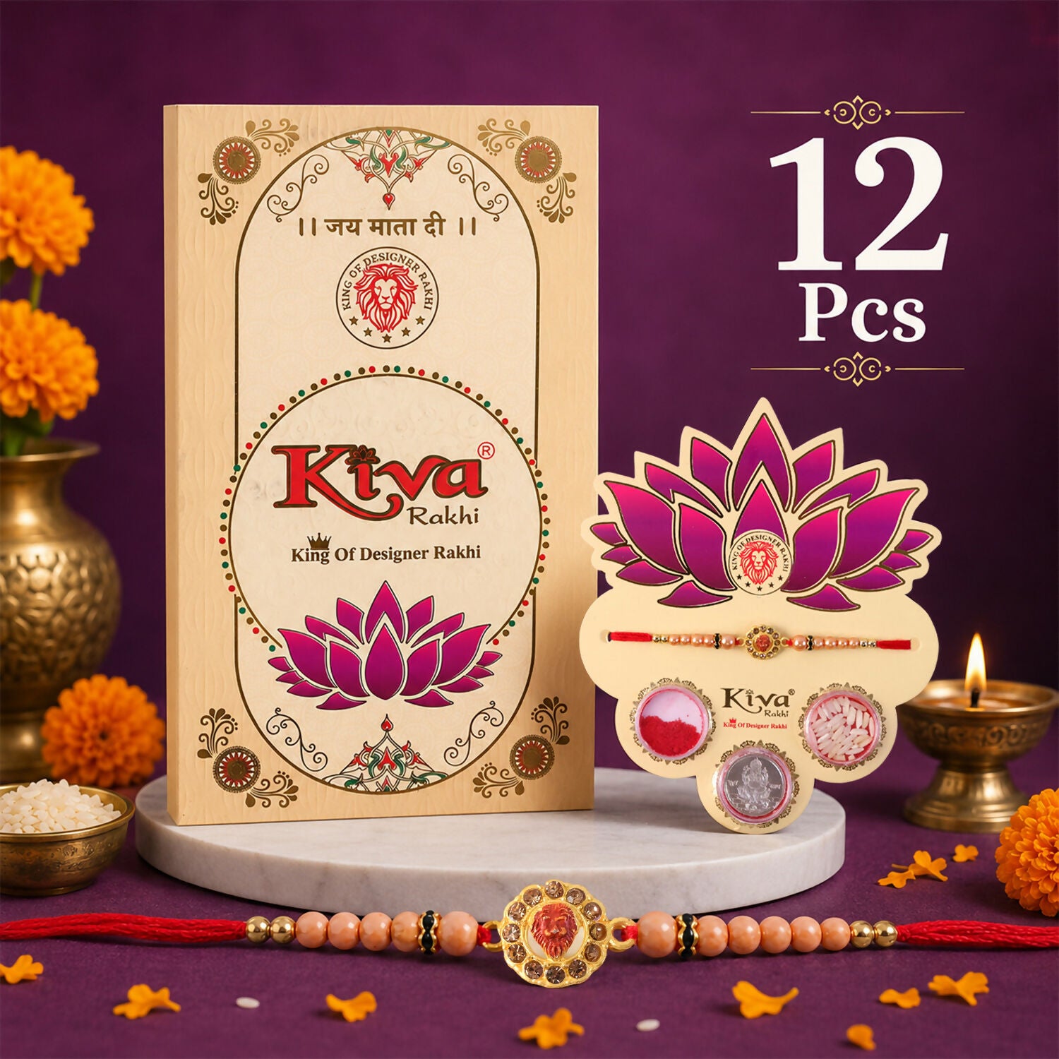 Designer Royal Lion Kundan Floral Rakhi — Rakhi Set of 12