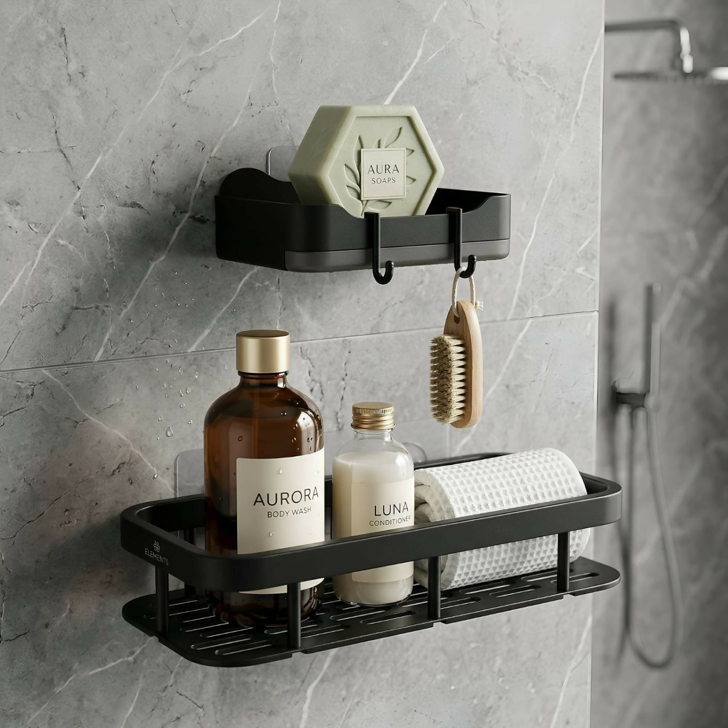 Wall-mounted bathroom organizer with soap holder in matte black