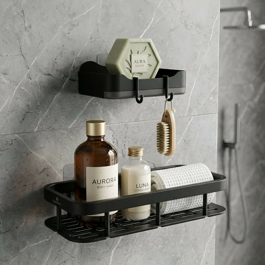 Wall-mounted bathroom organizer with soap holder in matte black