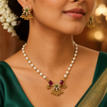 Gold Plated Pearl Mala Necklace Set With Jhumka Earrings Ruby Green Stone Jewellery