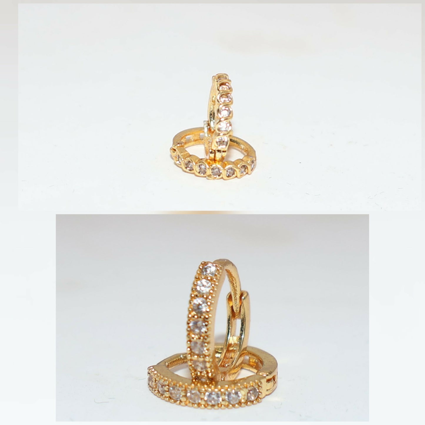 Side view of elegant gold plated huggie hoop earrings with dangle design and hinged closure