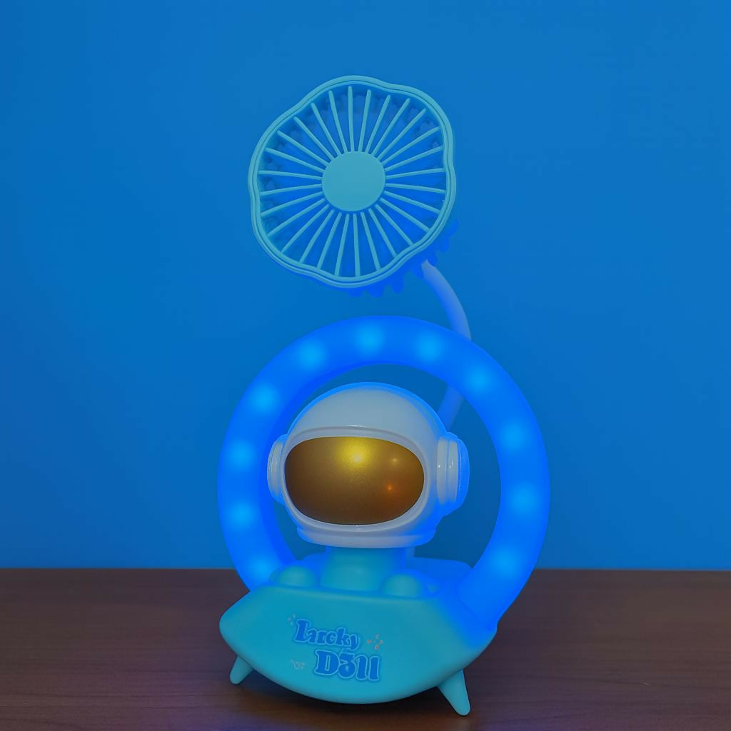 Blue Astronaut Desk Fan with LED Ring Light USB Table Lamp