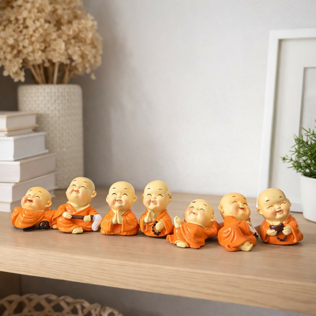 Mini Laughing Monk Figurines Set Of 8 for Home Decor, Office Desk & Gifting