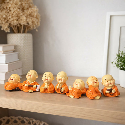 Mini Laughing Monk Figurines Set Of 8 for Home Decor, Office Desk & Gifting