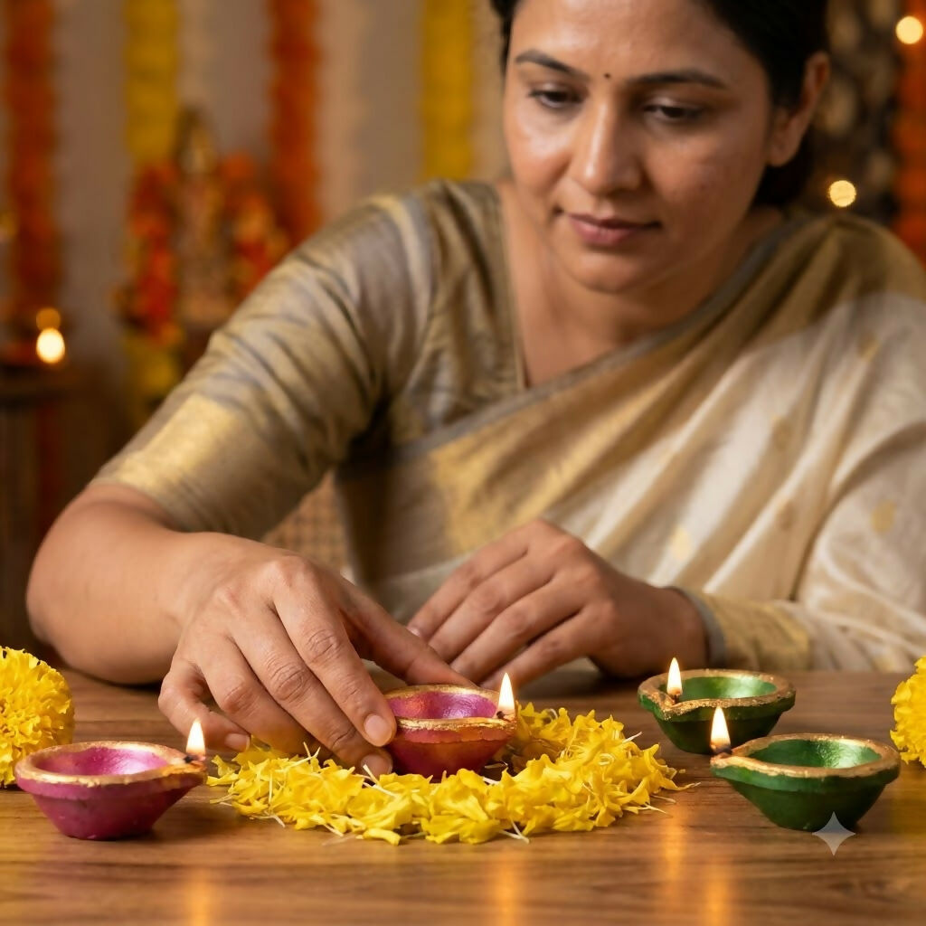 A woman in a sari lights a diya, surrounded by a ring of yellow flower petals and other lit diyas.